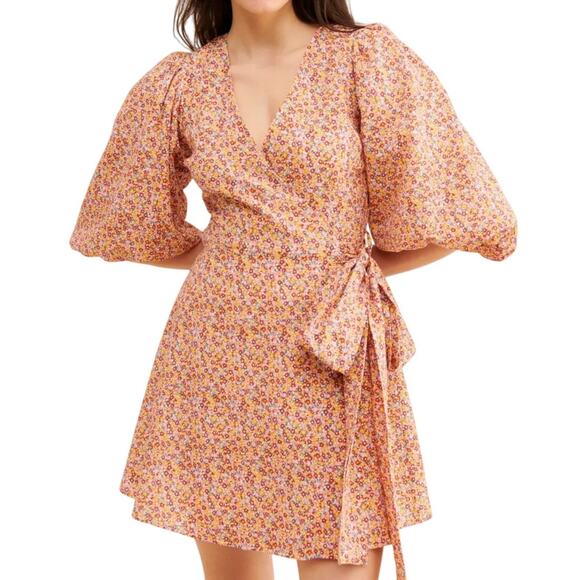 MinkPink Cotton Ditsy Floral V Neck Puff Sleeve Wrap Style Morwell Mini Dress - Picture 1 of 12